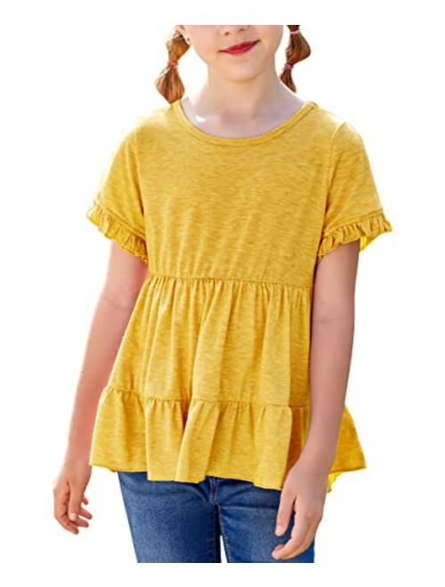 Hopeac Girls Summer Shirts Short Sleeve Ruffle Peplum Tops Hem Plain Crew Neck Pleated Tunic Tiered Blouse Tee T-Shirt