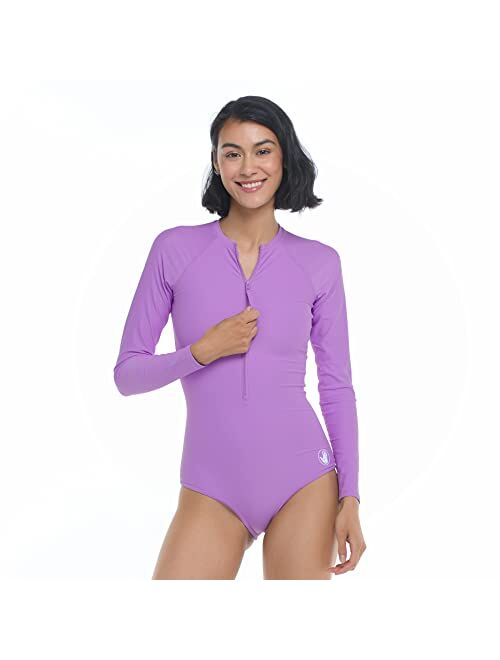 Body Glove Women's Standard Smoothies Chanel Solid Long Sleeve Zip Front One Piece Paddle Swimsuit
