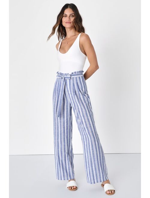 Lulus Sunny Wanderings Blue and White Striped Paper Bag Wide-Leg Pants