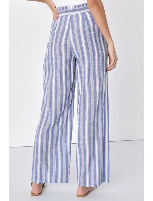 Lulus Sunny Wanderings Blue and White Striped Paper Bag Wide-Leg Pants