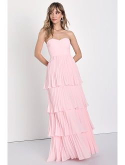 Seriously Sensational Pink Plisse Pleated Strapless Tiered Maxi Dress