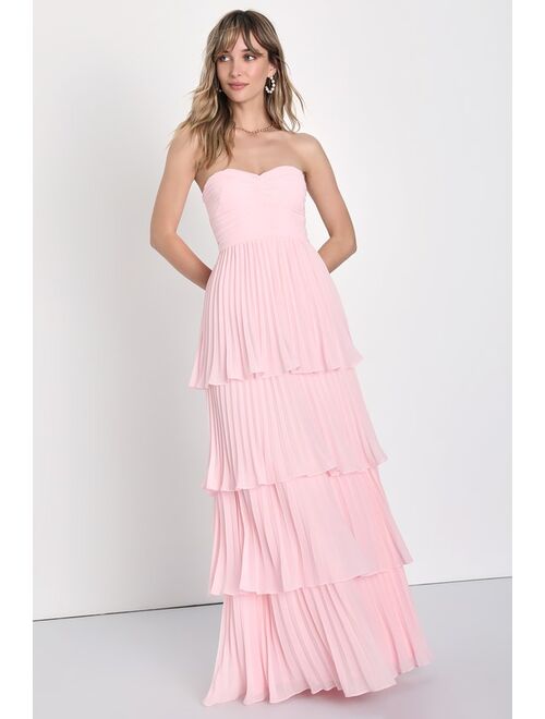 Lulus Seriously Sensational Pink Plisse Pleated Strapless Tiered Maxi Dress