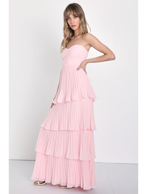 Lulus Seriously Sensational Pink Plisse Pleated Strapless Tiered Maxi Dress