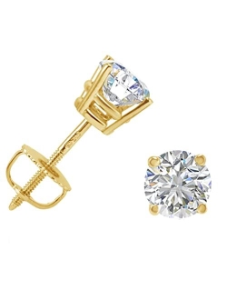 Amanda Rose Collection AGS Certified 1ct TW Round REAL Diamond Solitaire Stud Earrings in REAL 14K Yellow Gold or 14K White Gold with Screw Backs