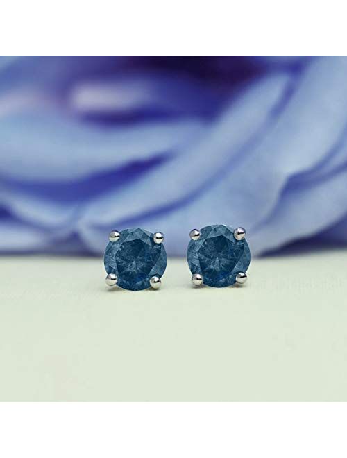 1 Carat - 1 1/2 Carat | 10K White Or Rose Gold | Natural Solitaire Diamond Stud Earrings Prong Setting | Round Shape Diamond | Tanache Earrings | Blue Color, I1 Clarity