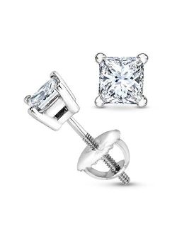 1 Carat Solitaire Diamond Stud Earrings Princess Cut 4 Prong Screw Back (I-J Color, VS1-VS2 Clarity)