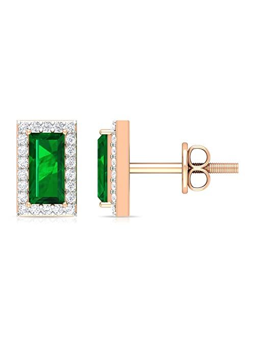 Rosec Jewels 1 CT Baguette Cut Lab Created Emerald Anniversary Stud Earrings with Diamond Halo (Heirloom Quality), 14K Solid Gold