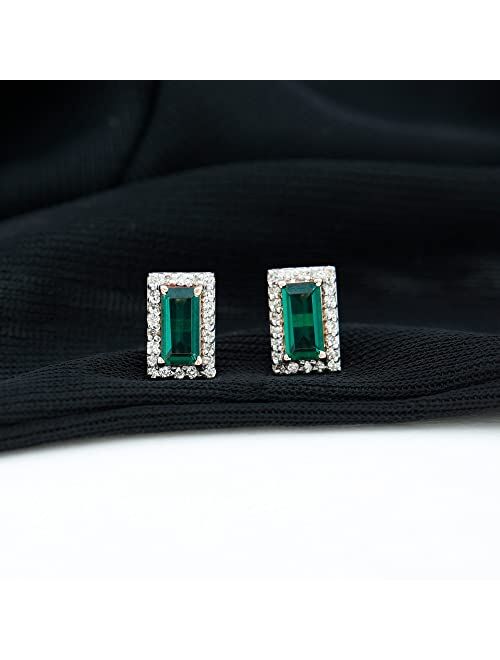 Rosec Jewels 1 CT Baguette Cut Lab Created Emerald Anniversary Stud Earrings with Diamond Halo (Heirloom Quality), 14K Solid Gold