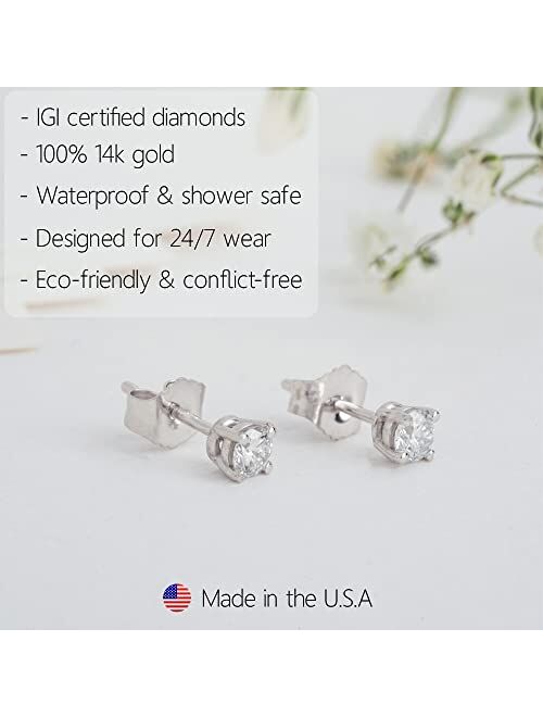 IGI Certified 1/4-2 Carat Lab Grown Diamond Stud Earrings in 14k Gold with 4-Prong Setting | Real Diamond Earrings for Women 14k Real Gold | Yellow & White Gold Diamond E
