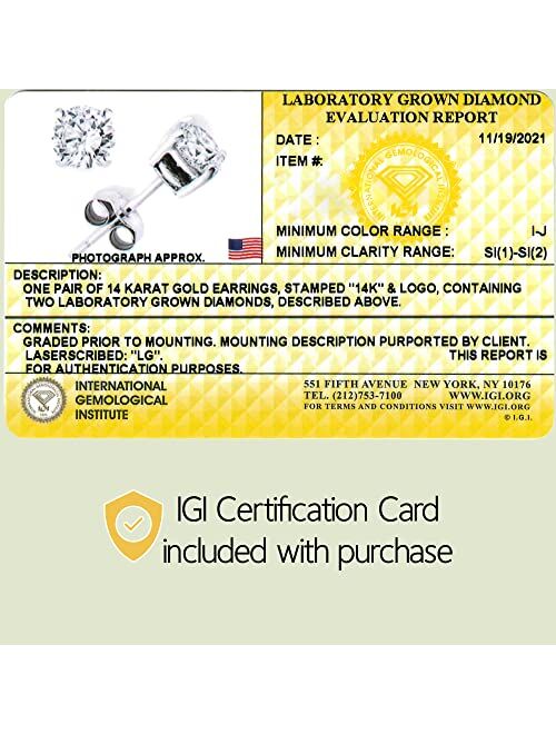 IGI Certified 1/4-2 Carat Lab Grown Diamond Stud Earrings in 14k Gold with 4-Prong Setting | Real Diamond Earrings for Women 14k Real Gold | Yellow & White Gold Diamond E