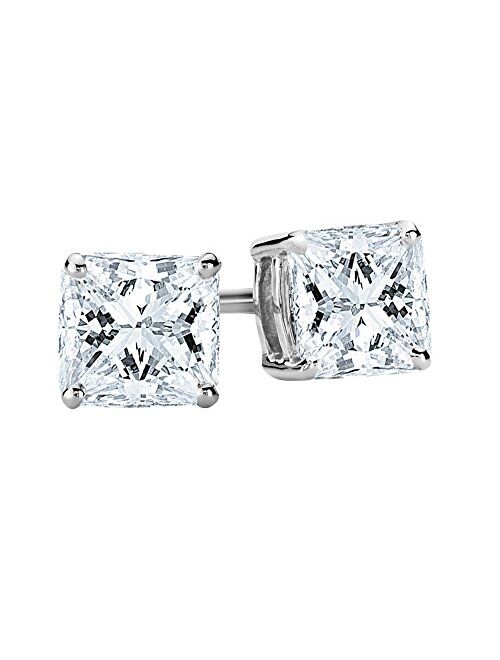 Houston Diamond District 1/2-2 Carat Total Weight Princess Diamond Stud Earrings 4 Prong Screw Back (D-E Color VS1-VS2 Clarity)