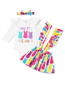 TUEMOS Easter Outfit Baby Girl Cute Romper Tops Bunny Suspender Skirt with Headband My First Easter Baby Girl Outfit