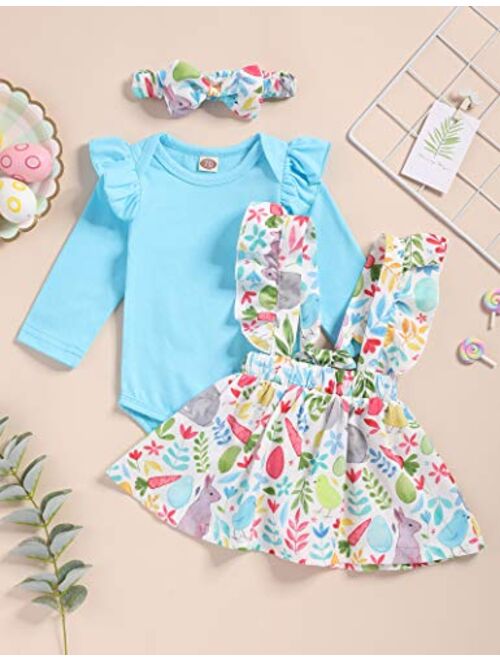 TUEMOS Easter Outfit Baby Girl Cute Romper Tops Bunny Suspender Skirt with Headband My First Easter Baby Girl Outfit