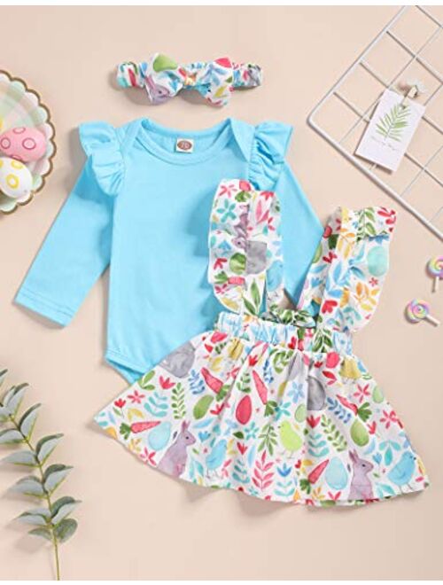 TUEMOS Easter Outfit Baby Girl Cute Romper Tops Bunny Suspender Skirt with Headband My First Easter Baby Girl Outfit