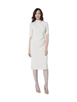 Women's Side Pleat Dress with Asymmetric Neck and Elbow Sleeves
