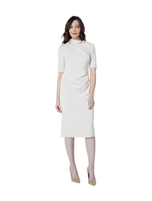 Maggy London Women's Side Pleat Dress with Asymmetric Neck and Elbow Sleeves
