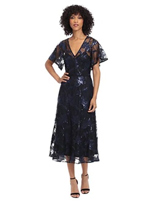 Maggy London Women's V-Neck A-line Midi Sequin Dress Party Event Guest of Wedding Occasion