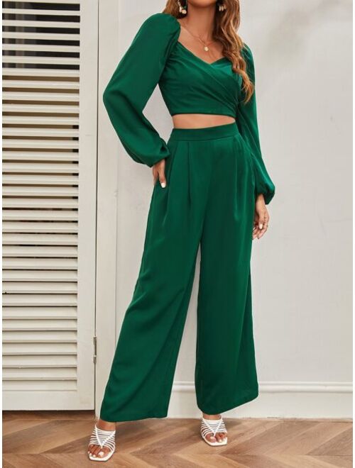 SHEIN Mulvari Lantern Sleeve Shirred Back Crop Top & Pants Set
