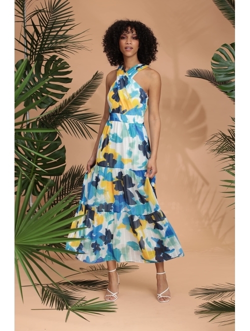 Maggy London Women's Sleeveless Criss Cross Halter Neck Tiered Maxi Dress