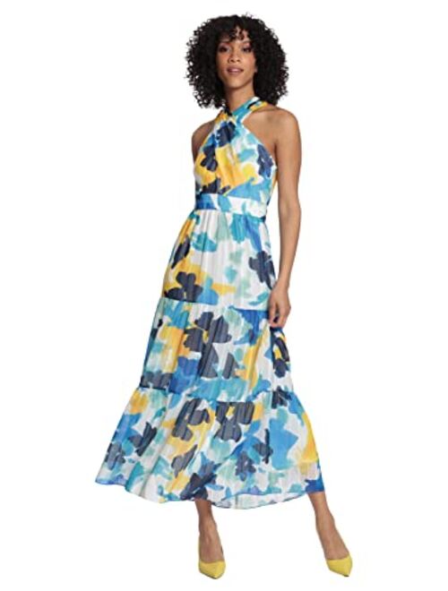 Maggy London Women's Sleeveless Criss Cross Halter Neck Tiered Maxi Dress