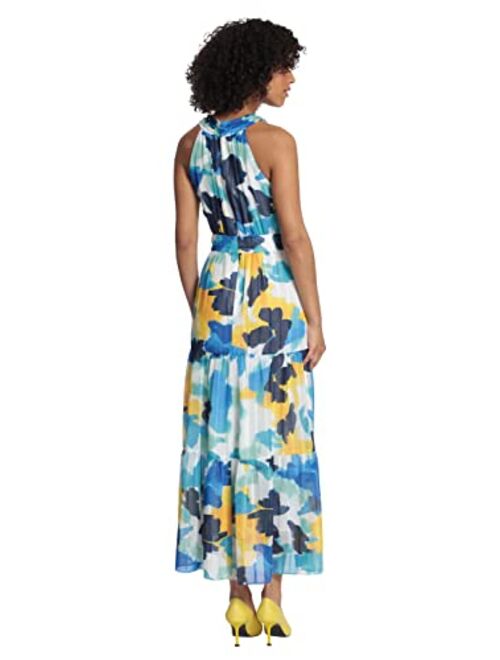 Maggy London Women's Sleeveless Criss Cross Halter Neck Tiered Maxi Dress