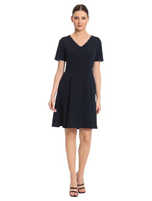 Maggy London Women's Scallop Trim V-Neck and Short Sleeves Dress Desk to Dinner Office Workwear Event Occasion Guest of