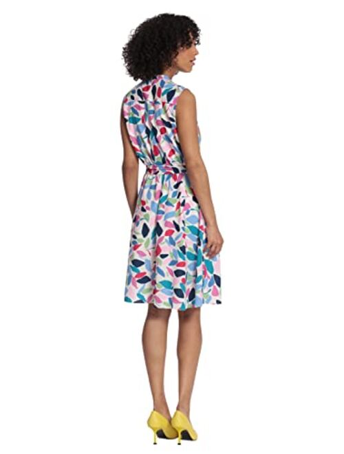 Maggy London Women's Leaf Printed Sleeveless Shirt Dress with Pleated Bodice and Waist Tie