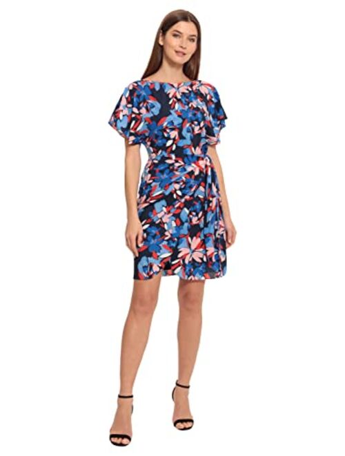 Maggy London Women's Floral Printed Flutter Sleeve Wrap Look Dress