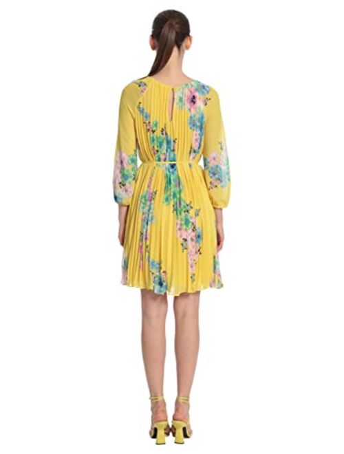 Maggy London Women's Floral Printed Raglan Sleeve Dress with Pleated Trapeze Body and Spaghetti Waist Tie
