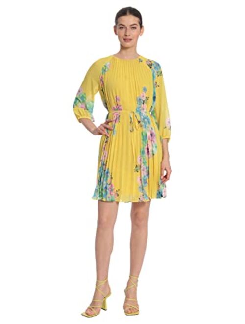 Maggy London Women's Floral Printed Raglan Sleeve Dress with Pleated Trapeze Body and Spaghetti Waist Tie