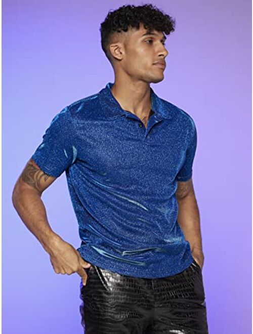 WDIRARA Men's Glitter Short Sleeve Collar Button Front Polo T Shirt Party Clubwear Top