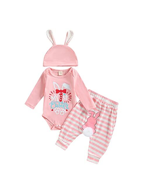 Zimbro Baby Boy Girl Easter Outfit My 1st/First Easter Romper Bunny Onesie Jumpsuit Top Pompom Tail Pants Set with Hat