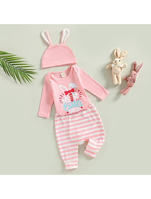 Zimbro Baby Boy Girl Easter Outfit My 1st/First Easter Romper Bunny Onesie Jumpsuit Top Pompom Tail Pants Set with Hat
