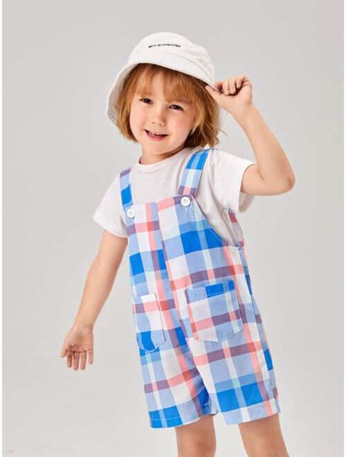 SHEIN Toddler Boys Plaid Print Dual Pocket Overall Romper Without Tee