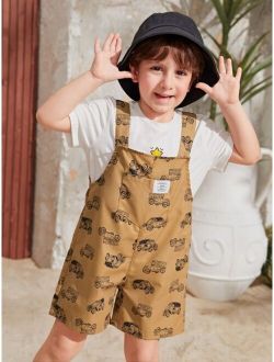 Toddler Boys Car Print Patch Detail Overall Romper Without Tee