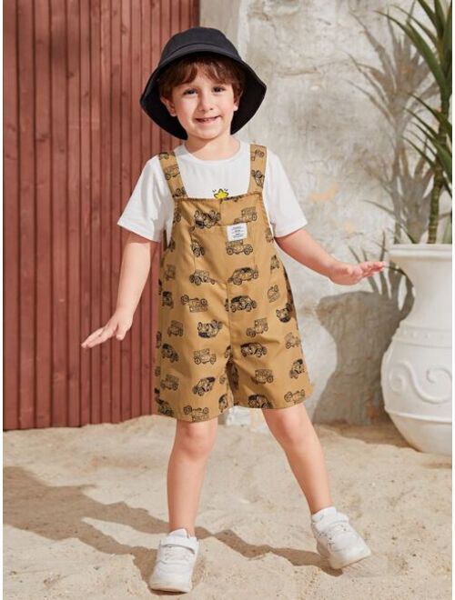 SHEIN Toddler Boys Car Print Patch Detail Overall Romper Without Tee