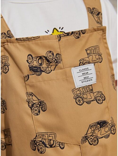 SHEIN Toddler Boys Car Print Patch Detail Overall Romper Without Tee