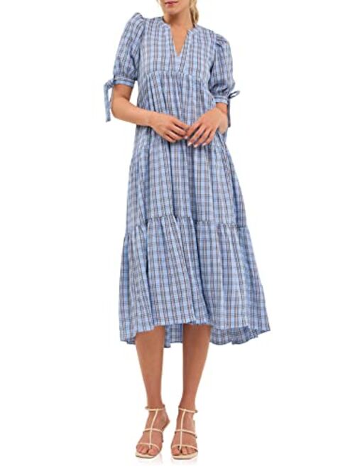English Factory Women's Gingham Tiered Dress with Bow-Tie Sleeves