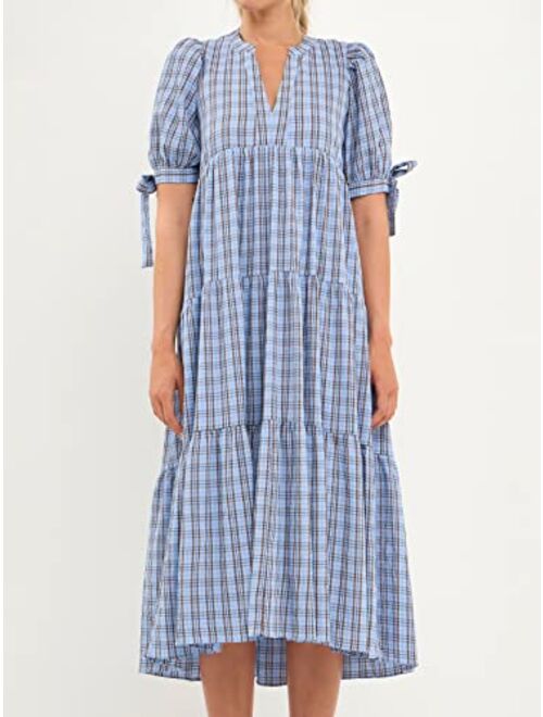 English Factory Women's Gingham Tiered Dress with Bow-Tie Sleeves