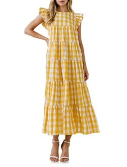 Women's Textured Gingham Maxi Tiered Baby Doll Dress