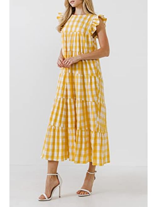 English Factory Women's Textured Gingham Maxi Tiered Baby Doll Dress