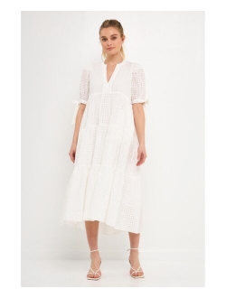 Gingham Tiered Midi Dress with Bow Tie Sleeves