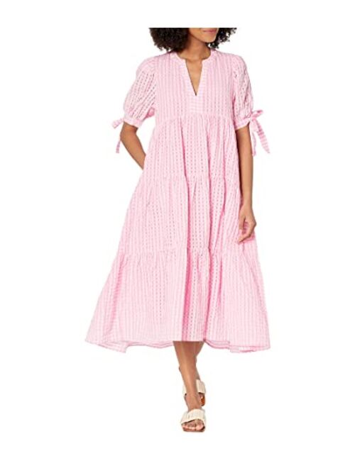 English Factory Gingham Tiered Midi Dress with Bow Tie Sleeves