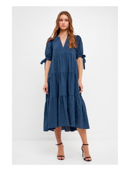 English Factory Gingham Tiered Midi Dress with Bow Tie Sleeves