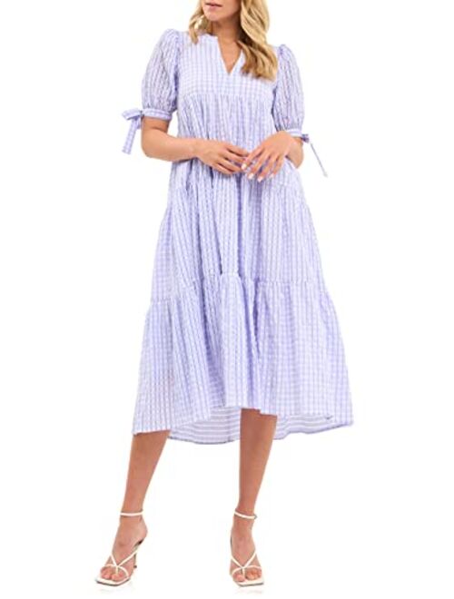 English Factory Women's Gingham Tiered Midi Dress with Bow Tie Sleeves