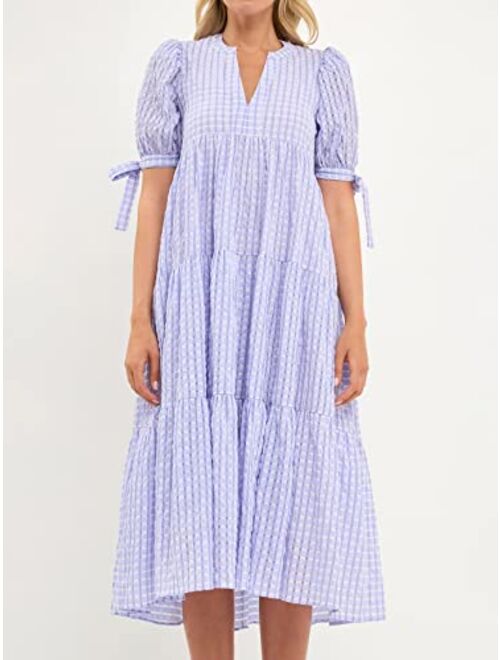 English Factory Women's Gingham Tiered Midi Dress with Bow Tie Sleeves