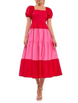 Women's Color Block Puff Sleeve Maxi Dress