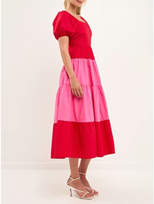 English Factory Women's Color Block Puff Sleeve Maxi Dress