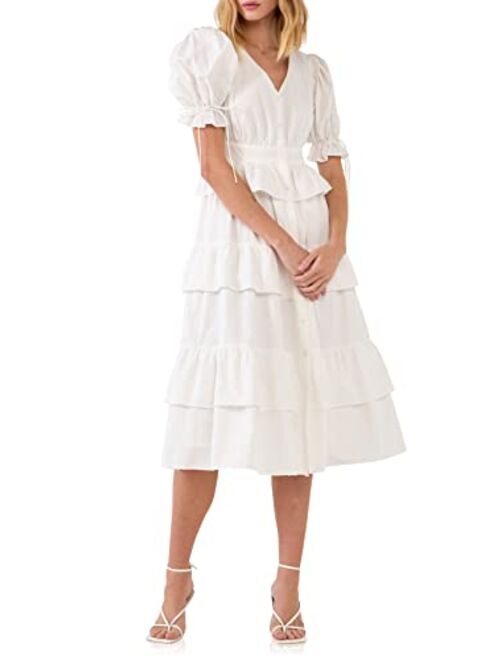 English Factory Women's Poplin Button Down Tiered Midi Puff Dress