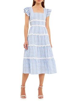 Women's Floral Lace Gingham Printed Midi Dress